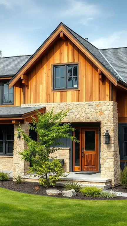 29+ Inspiring Modern Farmhouse Exterior Ideas 4 A modern farmhouse exterior featuring rustic stone accents and wooden elements.