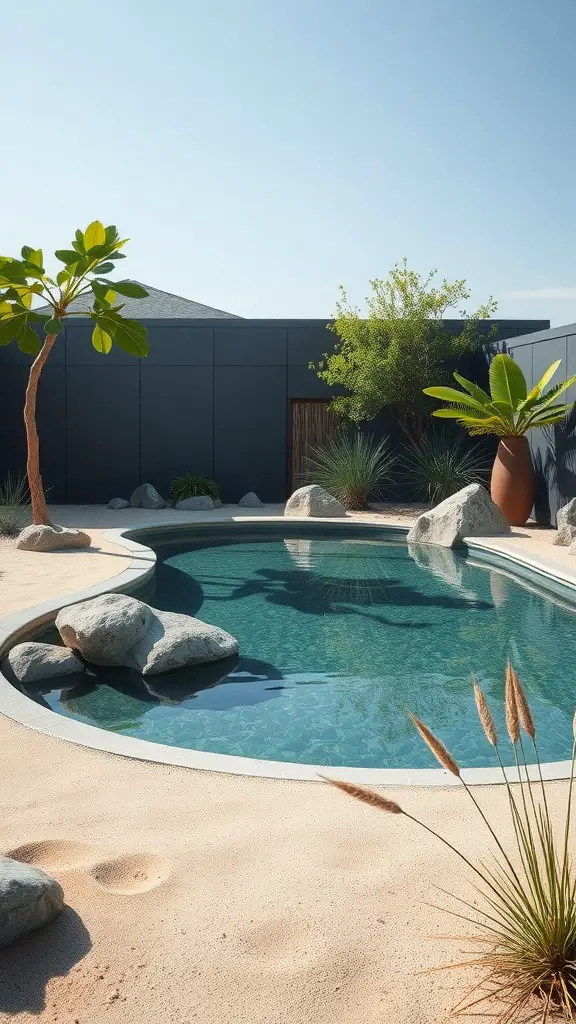 23+ Stunning Semi Inground Pool Ideas for Your Backyard Oasis 16 A serene semi-inground pool surrounded by rocks, plants, and sand, creating a Zen garden atmosphere.