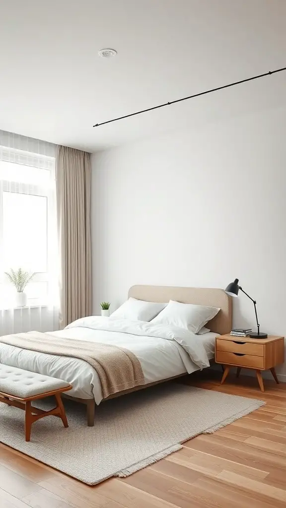 A minimalist Stockholm style bedroom featuring a soft bed, wooden bedside table, and a cozy rug.