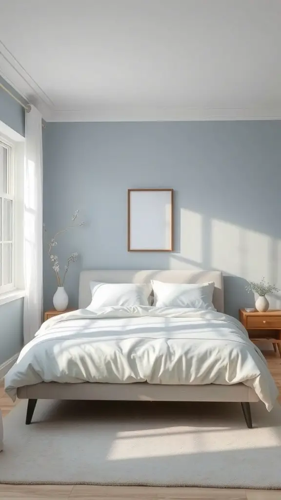 23+ Stunning Dusty Blue Bedroom Ideas to Transform Your Space 2 A calming bedroom with dusty blue walls, cozy bedding, and natural light.