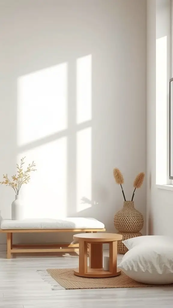 23+ Cozy Small Facial Room Ideas for a Relaxing Retreat 2 A minimalist room with a wooden bench, round table, and soft cushions, illuminated by natural light.
