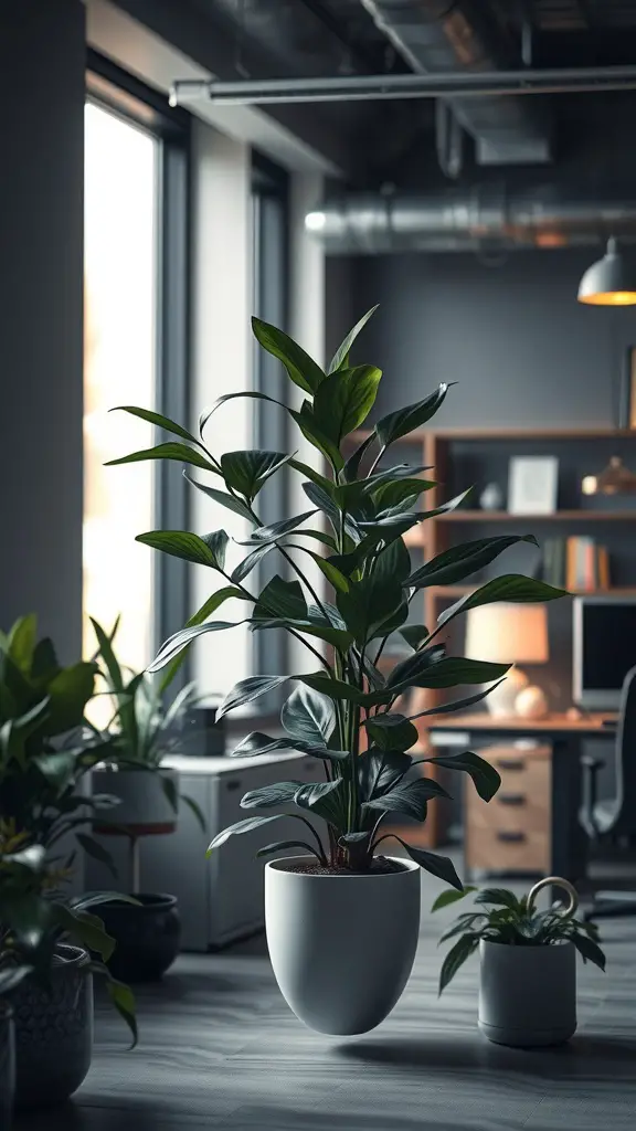 37+ Best Indoor Plants for Low Light Living Spaces 10 A ZZ plant in a modern office setting, showcasing its glossy leaves and stylish white pot.