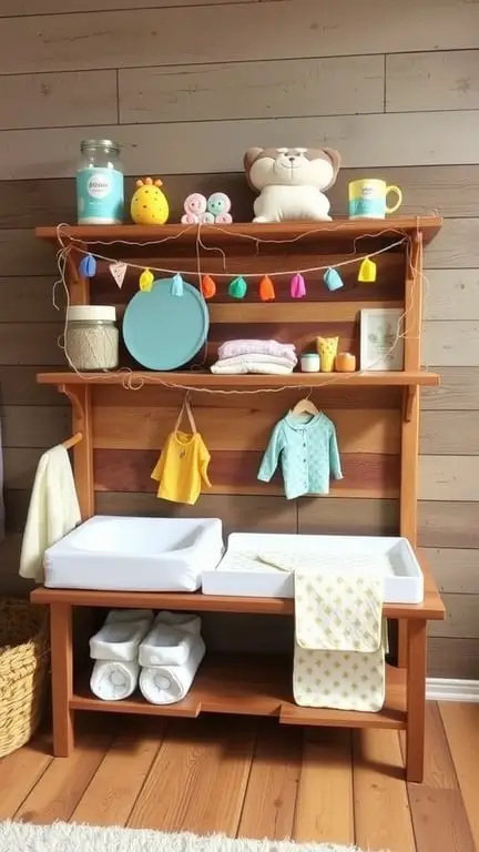 21+ Creative Baby Changing Station Ideas for Every Nursery 8 A DIY wooden baby changing station with shelves, colorful decorations, and a changing pad.