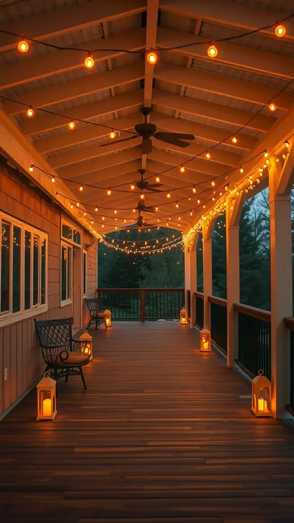 21+ Must-Have Features for Your Covered Deck Oasis 7 A covered deck with warm string lights and lanterns, creating a cozy atmosphere.