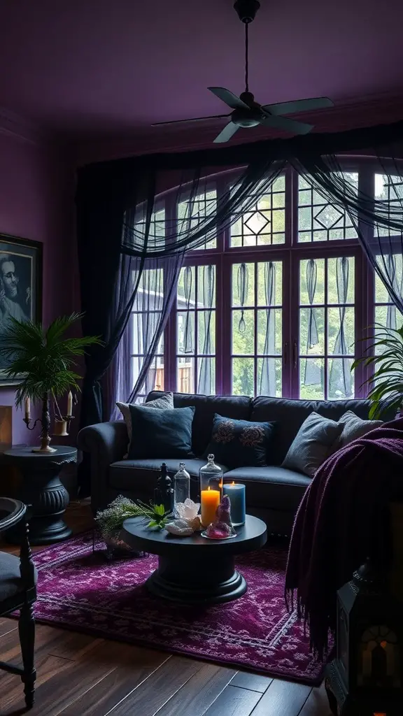 31+ Magical Decor Ideas for a Witchy Living Room 2 A witchy living room with purple walls, dark furnishings, and colorful candles.