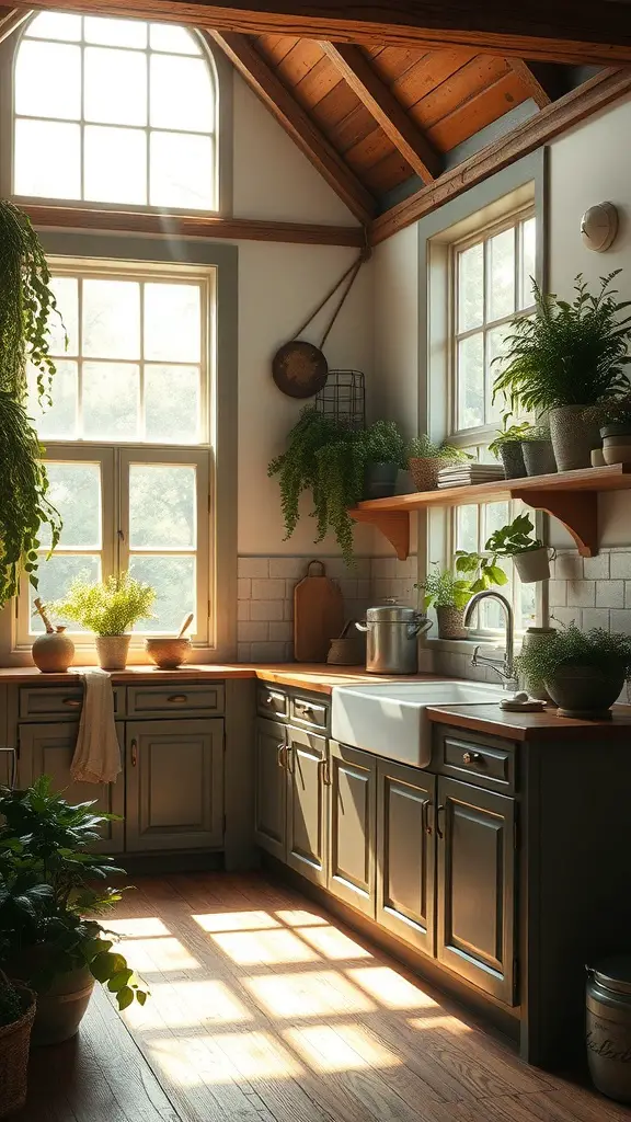 33+ Vintage Farmhouse Kitchen Ideas You'll Love 14 A vintage farmhouse kitchen with natural light streaming through large windows, highlighting plants and wooden features.