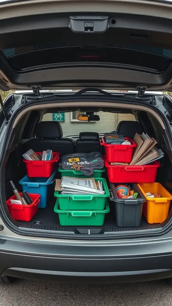 25+ Clever Car Trunk Organization Ideas to Maximize Space 2 A car trunk organized with colorful storage bins holding various items.