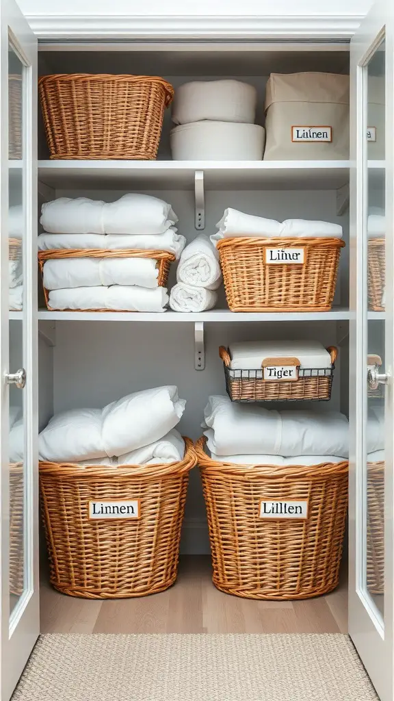 Organized linen closet with labeled wicker baskets