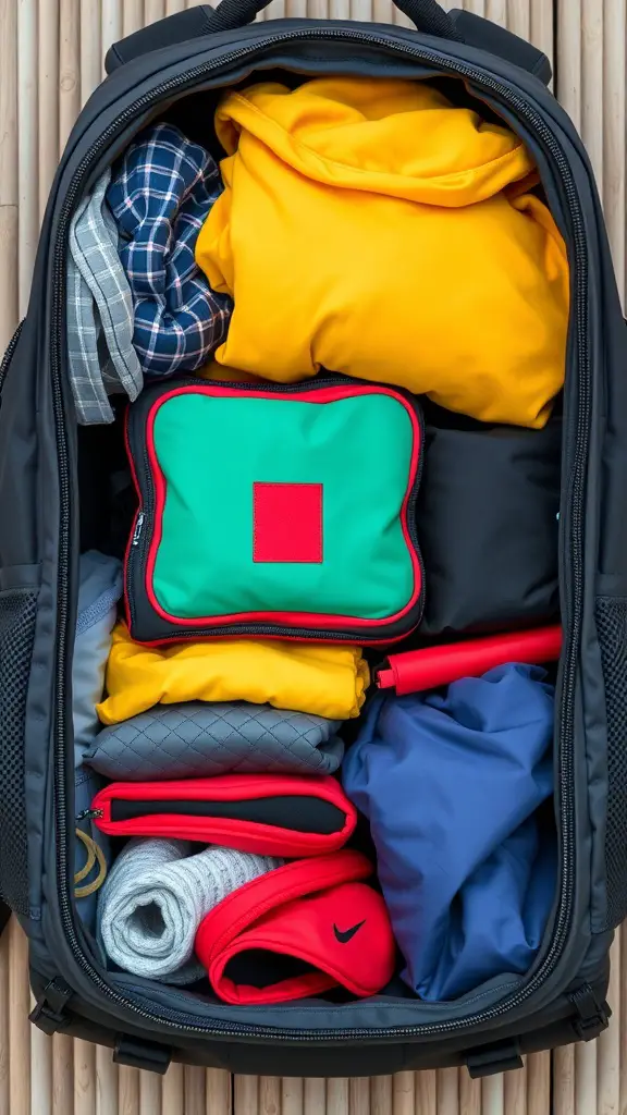 A well-organized backpack with colorful packing cubes filled with clothing and accessories.