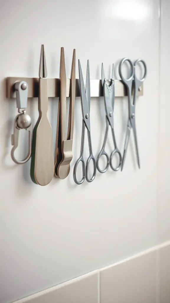Magnetic strip holding various metal tools in a bathroom setting.
