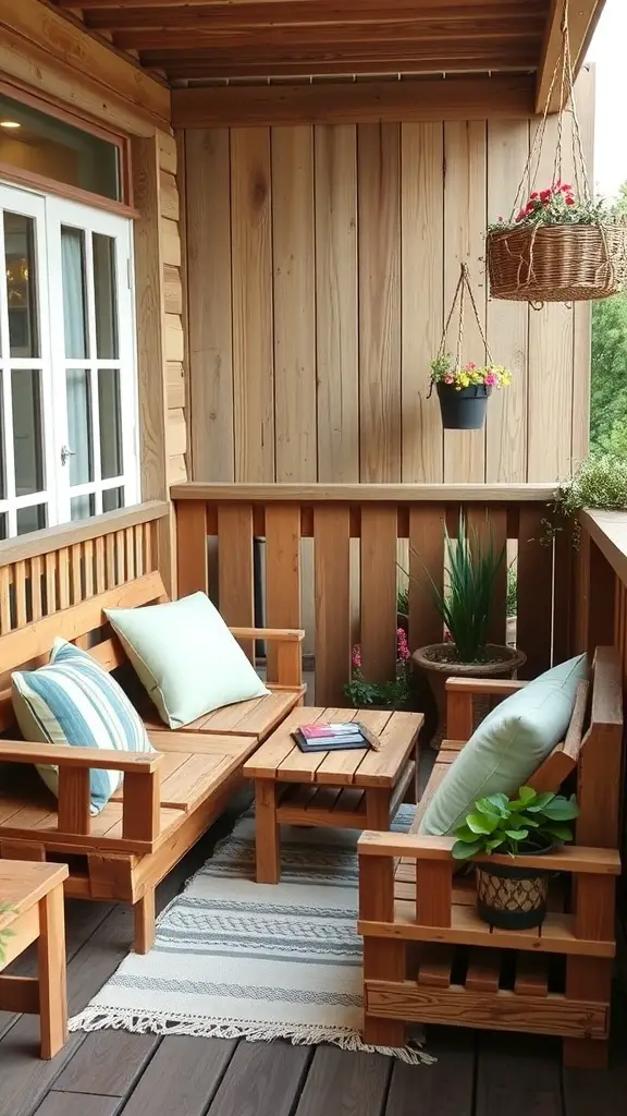 A cozy balcony with rustic wooden pallet furniture, a fire pit, and greenery.