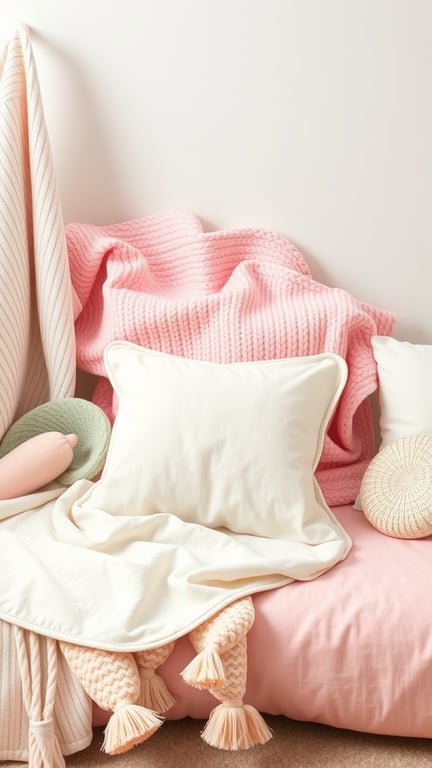 31+ Gorgeous Pink and Green Nursery Ideas for a Dreamy Space 10 Cozy nursery setup with pink and green soft textiles including blankets and cushions.