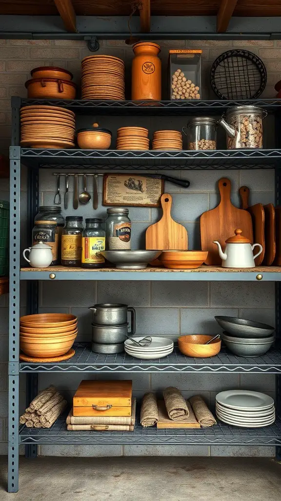17+ Stylish DIY Pantry Shelf Ideas to Organize Your Space 17 Vintage metal shelves filled with wooden bowls, jars, and kitchen utensils.