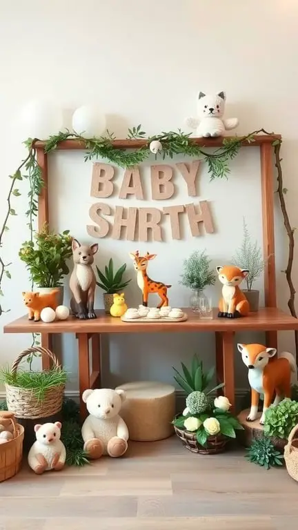 19+ Creative Baby Shower Themes to Celebrate February Babies 14 A whimsical woodland themed baby shower display with plush animals and greenery.