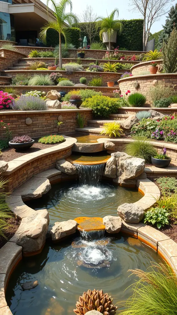 19+ Inspiring Terraced Landscaping Ideas for Your Outdoor Space 14 A terraced landscape with a waterfall and colorful flowers