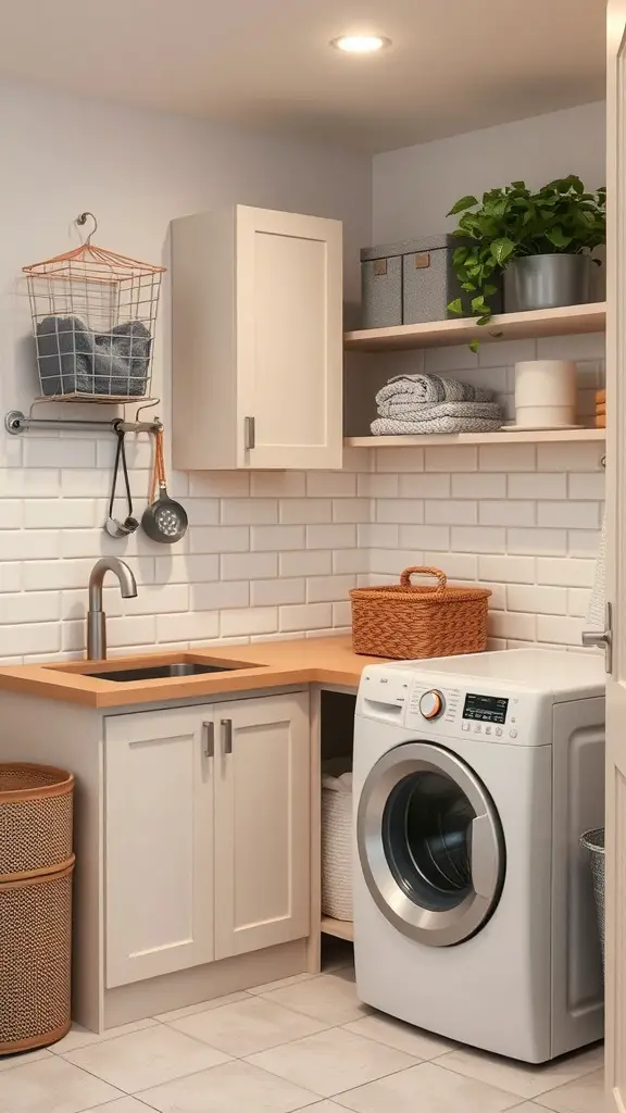 A modern laundry room featuring a washing machine, storage cabinets, and decorative plants.