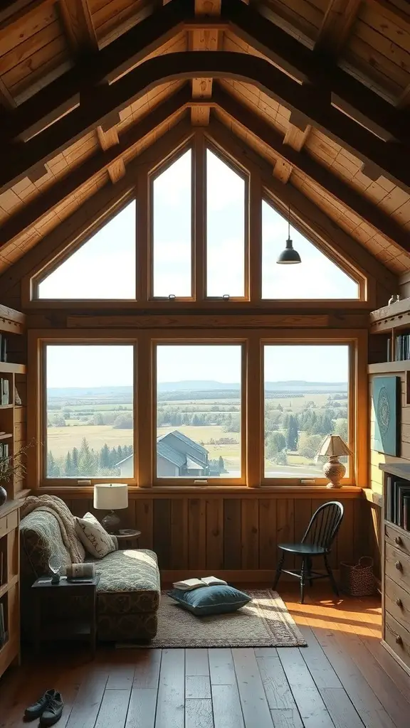 19+ Charming Barndominium Ideas for Cozy Living 4 Cozy loft area with wooden beams, large windows, and a view of the outdoors.