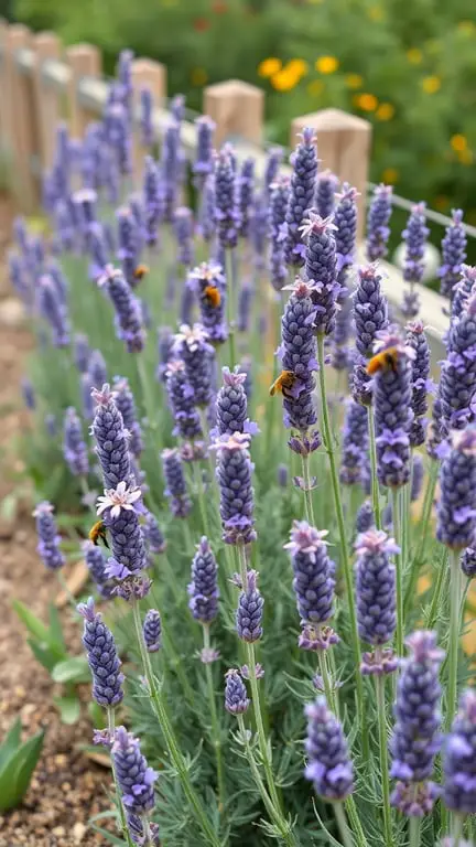19+ Stunning Backyard Plants to Grow Along Your Fence 2 Lavender flowers blooming along a wooden fence, with bees buzzing around.