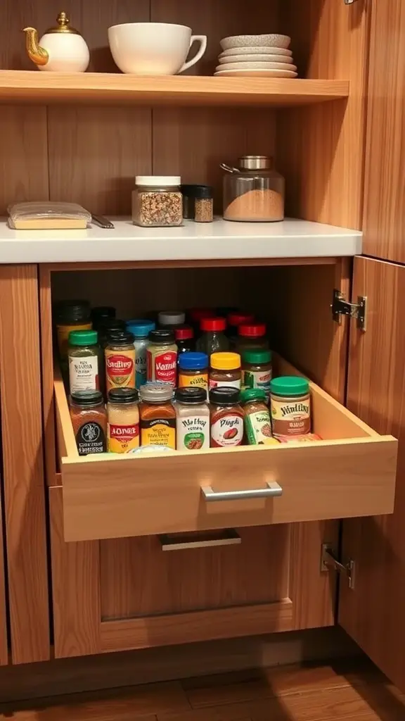 19+ Creative Spice Rack Ideas to Organize Your Kitchen 2 A pull-out spice drawer filled with various spice jars, neatly organized.