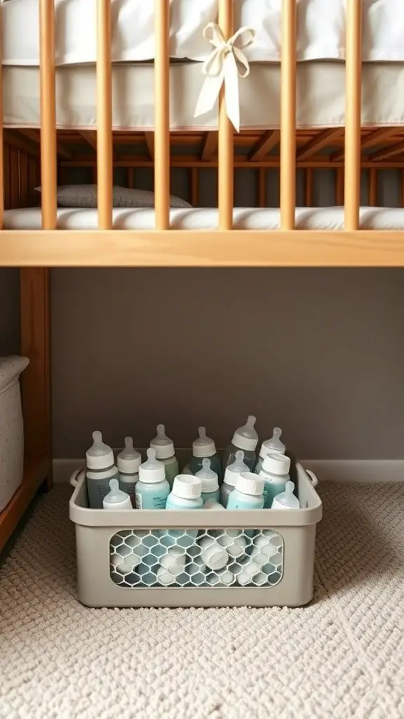 15+ Creative Baby Bottle Organization Ideas for a Clutter-Free Space 3 A basket filled with baby bottles stored under a crib.
