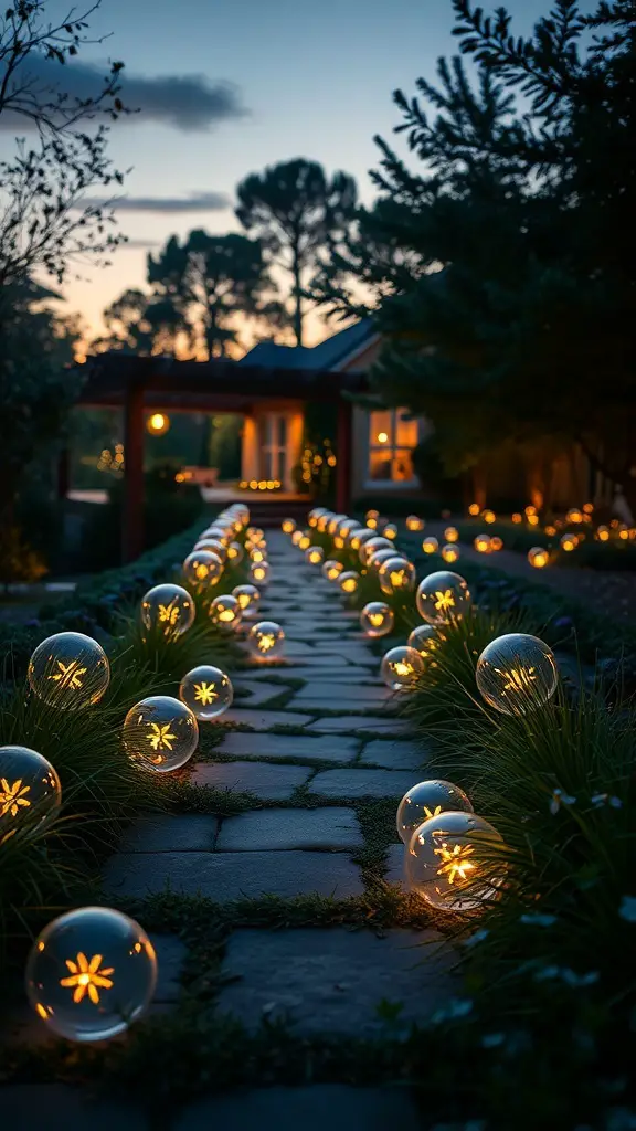 A pathway lined with illuminated glass orbs at dusk, creating a magical garden atmosphere.