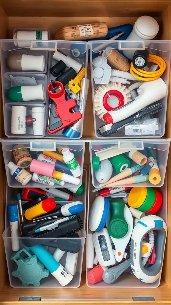 19+ Genius Junk Drawer Organization Ideas You Need to Try 2 A well-organized junk drawer with clear bins containing various items.