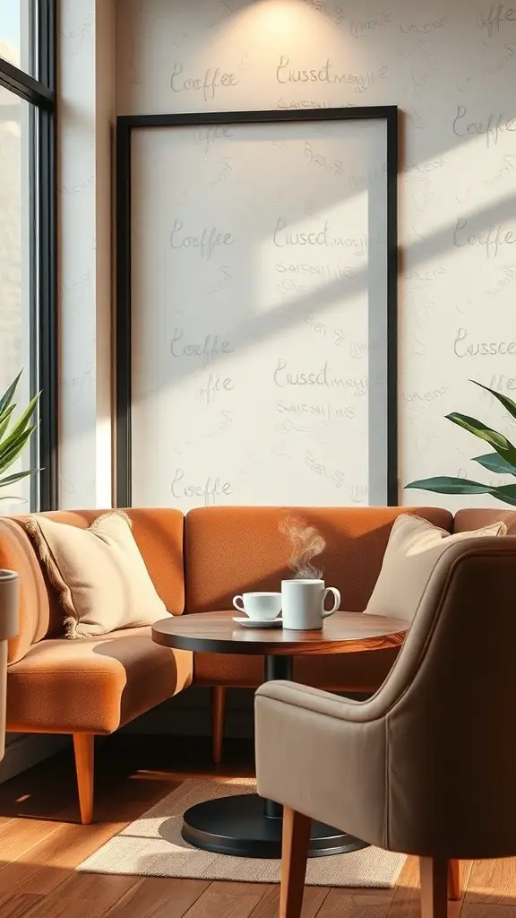 27 Creative Coffee Station Ideas You’ll Love 9 A cozy coffee nook with a sofa, table, and coffee cups, surrounded by natural light and plants.