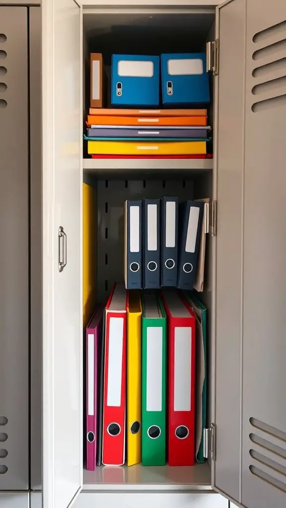 17+ Creative Locker Organization Ideas to Maximize Space 3 Color-coded binders organized in a locker