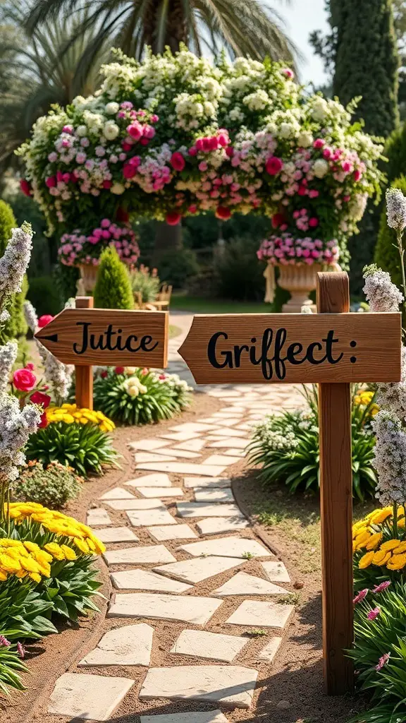 21+ Delightful Wedding Garden Party Ideas to Inspire Your Celebration 11 Wooden directional signs in a flower-filled garden path