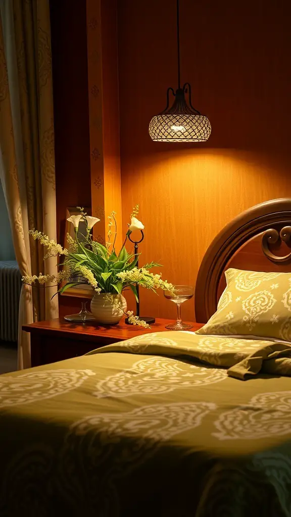 21 Essential Nightstand Organization Ideas for a Clutter-Free Bedroom 3 A cozy nightstand with a lamp, flowers, and a glass, featuring warm wood tones and green bedding.