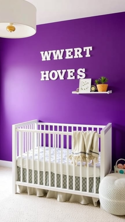 29+ Adorable Purple Nursery Ideas for Your Little One 12 A nursery with a purple accent wall, white crib, and decorative shelf.