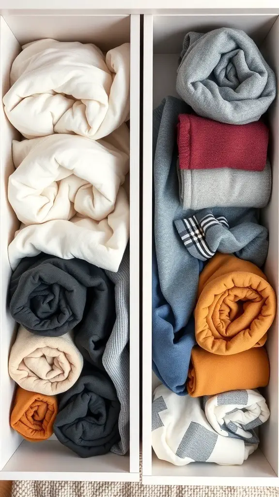 25 Creative Ideas for Dresser Organization with 15 Must-Have Items 2 Neatly organized dresser drawer with rolled clothes in various colors.