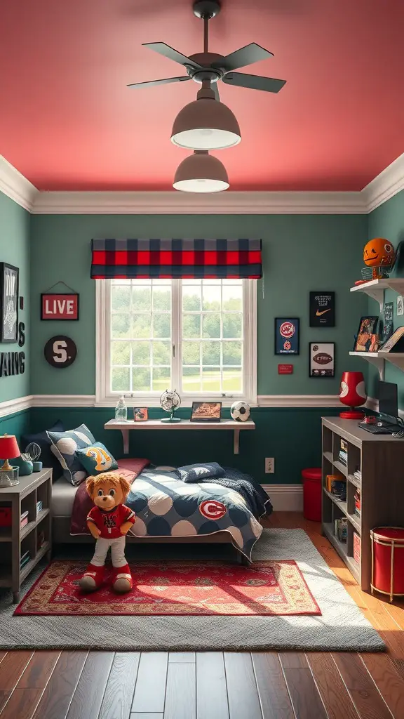 25+ Creative Bloxburg Teen Room Ideas You’ll Love 14 Sporty themed teen room with team colors, featuring a bed with polka dot bedding, sports memorabilia, and a plush toy.