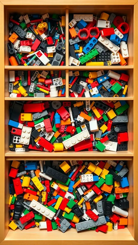 19+ Creative LEGO Organization Ideas for a Tidy Space 2 A wooden drawer system filled with assorted LEGO bricks in various colors.