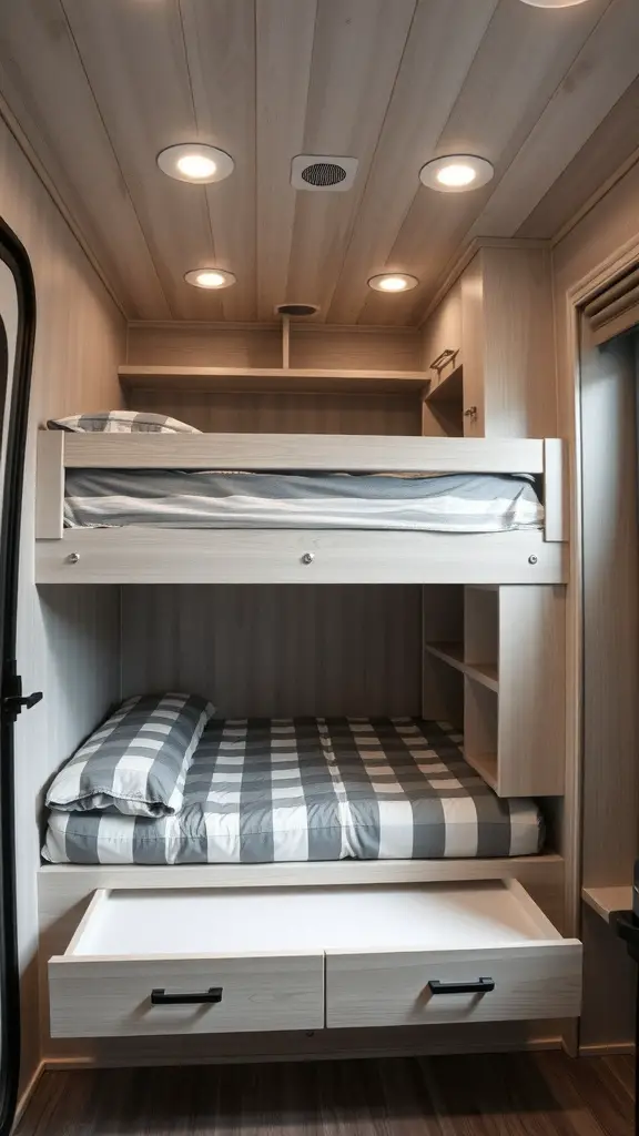 23 Creative Camper Bunk Bed Ideas for Your Next Adventure 2 A camper bunk bed with built-in storage, featuring a top and bottom bunk with drawers underneath and shelves on the side.