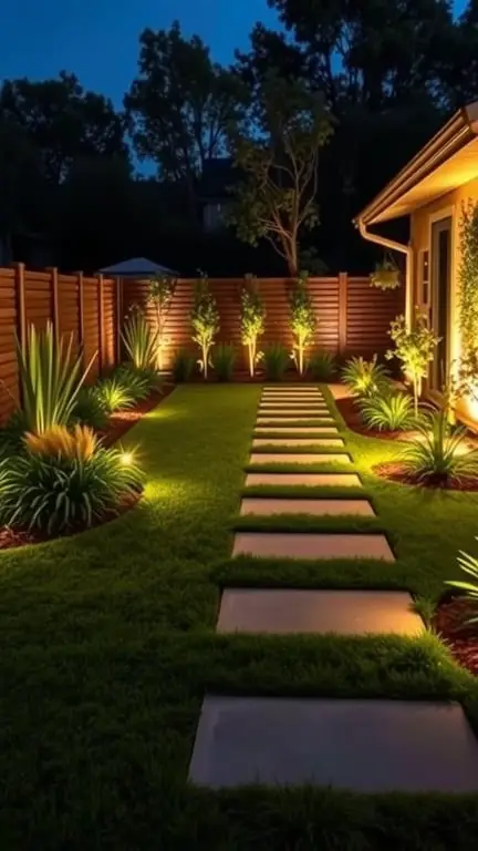 17+ Inspiring Turf Backyard Ideas for a Gorgeous Outdoor Space 13 A backyard with turf and integrated lighting features, showcasing a lit path and surrounding plants.