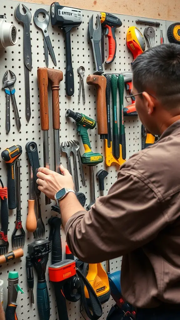 A person organizing tools on a pegboard wall, showcasing various hand tools and power tools.