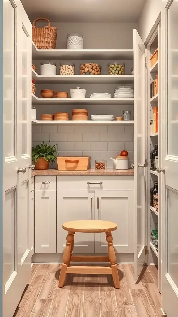 25+ Creative Corner Kitchen Pantry Ideas You’ll Love 15 A corner kitchen pantry with shelves filled with jars and a wooden step stool in front.