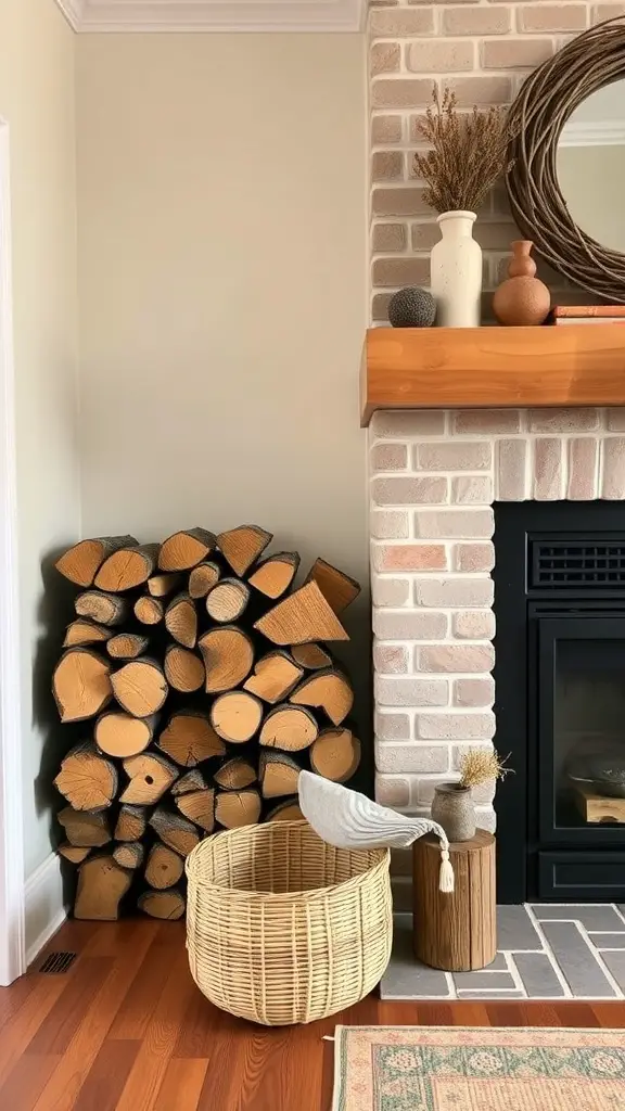 23+ Stunning Farmhouse Fireplace Decor Ideas to Transform Your Home 6 A cozy fireplace area featuring neatly stacked firewood, a woven basket, and decorative elements.