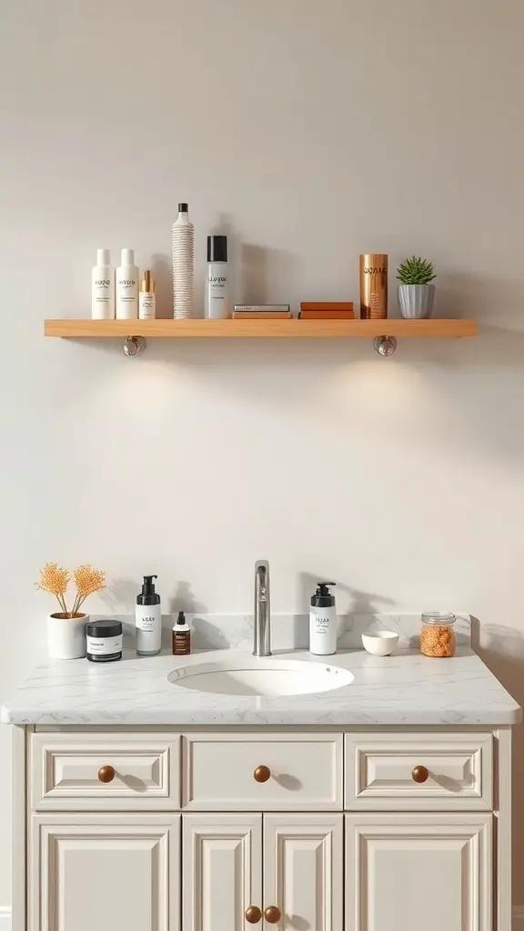 27+ Creative Vanity Organization Ideas You’ll Love 2 A chic floating shelf displaying beauty products and a small plant above a bathroom sink.