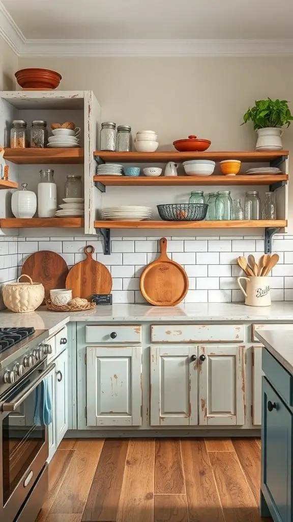 33+ Vintage Farmhouse Kitchen Ideas You'll Love 8 A vintage farmhouse kitchen with distressed white cabinets and open shelving displaying dishes and glassware.