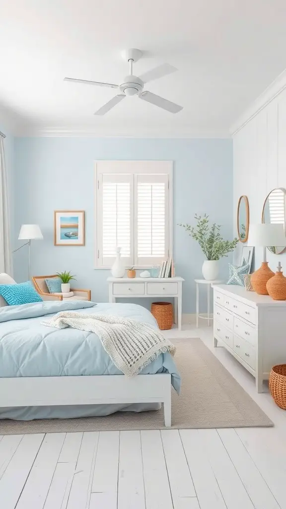 A serene coastal bedroom with light blue walls, white furniture, and ocean-themed decor.
