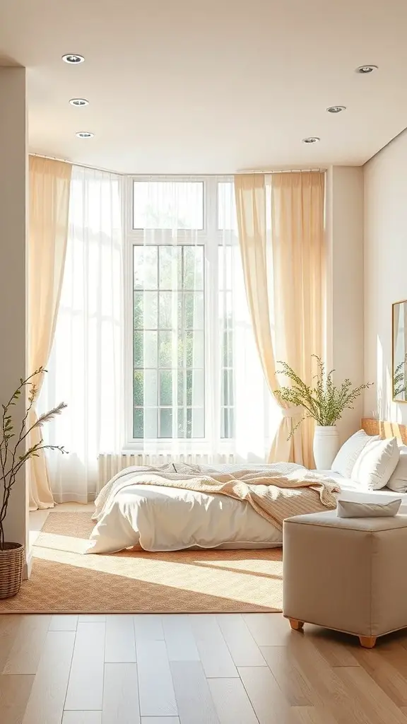 Bright and airy bedroom with large windows, soft curtains, and cozy bedding.