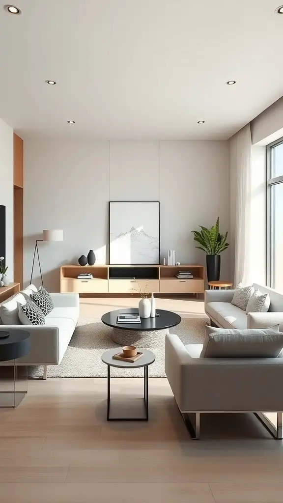 27+ Stunning Pottery Barn Living Room Ideas You’ll Love 2 A chic minimalist living room with neutral colors, sleek furniture, and a cozy layout.