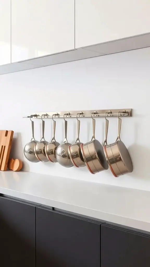 23+ Genius Ways to Organize Your Pots and Pans Storage 2 Metal pots hanging on a magnetic strip on a wall