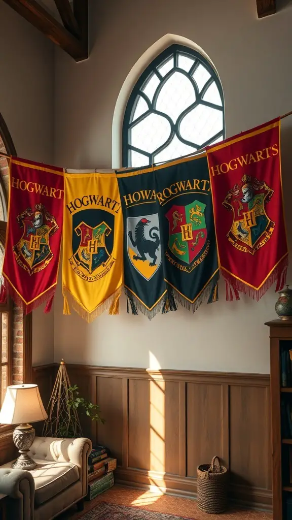 27+ Magical Harry Potter Room Decor Ideas for Every Fan 2 Hogwarts house banners hanging in a cozy room