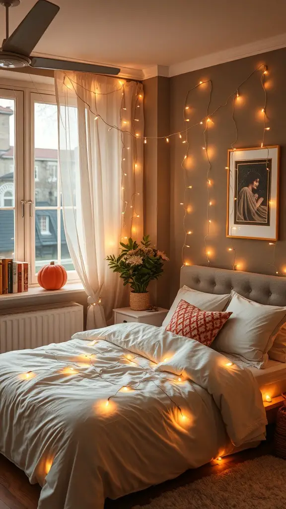 33+ Cozy Fall Bedroom Decor Ideas to Transform Your Space 15 A cozy bedroom with fairy lights draped on the walls and bed, creating a warm and inviting atmosphere.