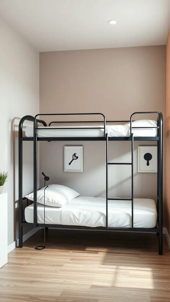 15+ Creative Adult Bunk Bed Ideas for Small Rooms 2 A contemporary black metal bunk bed in a small room with minimalist decor.