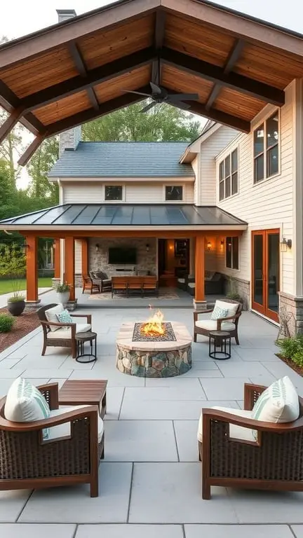 29+ Inspiring Modern Farmhouse Exterior Ideas 6 Cozy outdoor living space with a fire pit and comfortable seating under a wooden canopy.