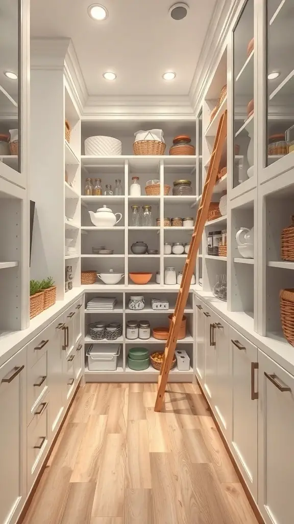 17+ Creative L Shaped Pantry Ideas for Your Kitchen 2 A well-organized L-shaped pantry featuring a rolling ladder for accessing high shelves.